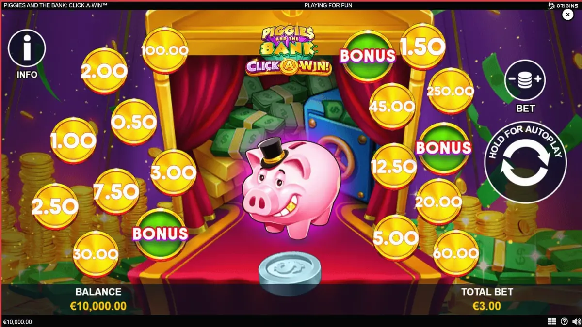Piggies and the Bank: Click-A-Win slot game interface featuring a wealthy pig and golden coins