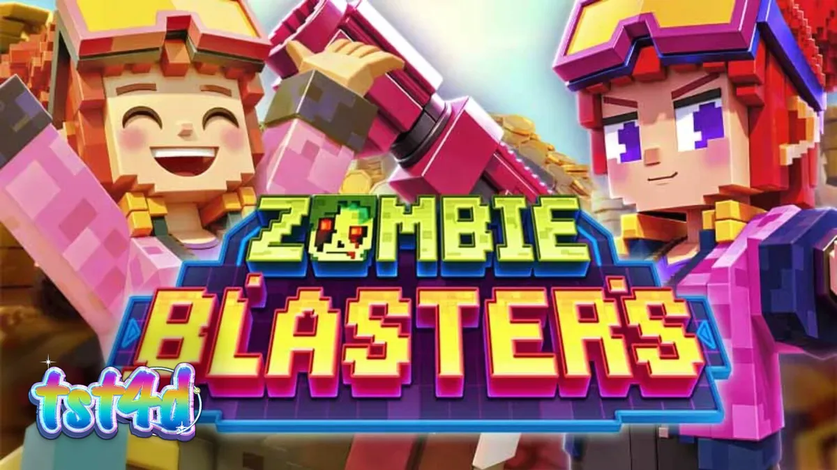 Tampilan layar utama slot Zombie Blasters dengan elemen visual retro dan simbol aksi.